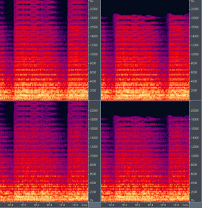 無圧縮音声（左）と、圧縮済み音声（右）のスペクトラム比較。圧縮は WMA 10 Professional 192 kbps