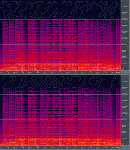 スペクトラム画像（上が 170 kbps、下が 200 kbps。サンプル Bolero より）